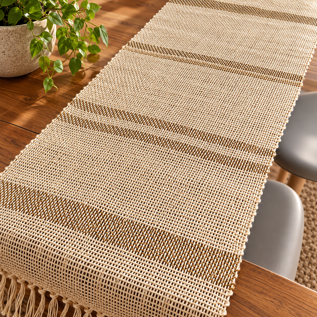 Camino de Mesa Artesanal de Lino Natural con Franjas Tierra – 30 × 210 cm