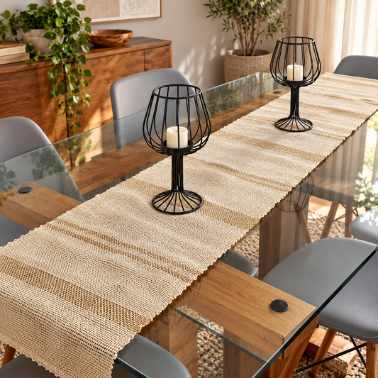 Camino de Mesa Artesanal de Lino Natural con Franjas Tierra – 30 × 210 cm