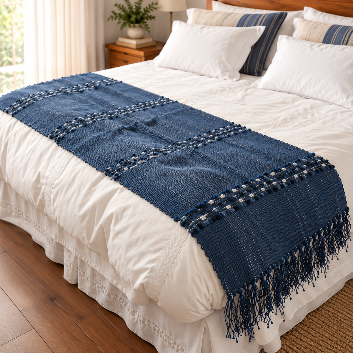 Piecera azul artesanal tejida a mano sobre cama blanca, con franjas decorativas y flecos