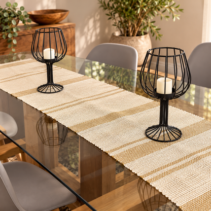 Camino de Mesa Artesanal de Lino Natural con Franjas Tierra – 30 × 210 cm
